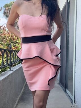 Elegant Peach Strapless Peplum Ruffle Dress Small Coquette Glam